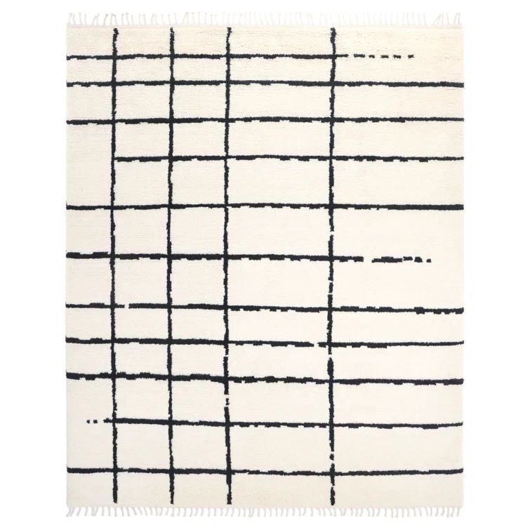 Ivory and Black Geometric Hand-Knotted Wool Area Rug, 8' x 10'