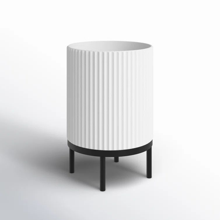 White and Black 16" Fluted Planter with Acacia Wood Stand