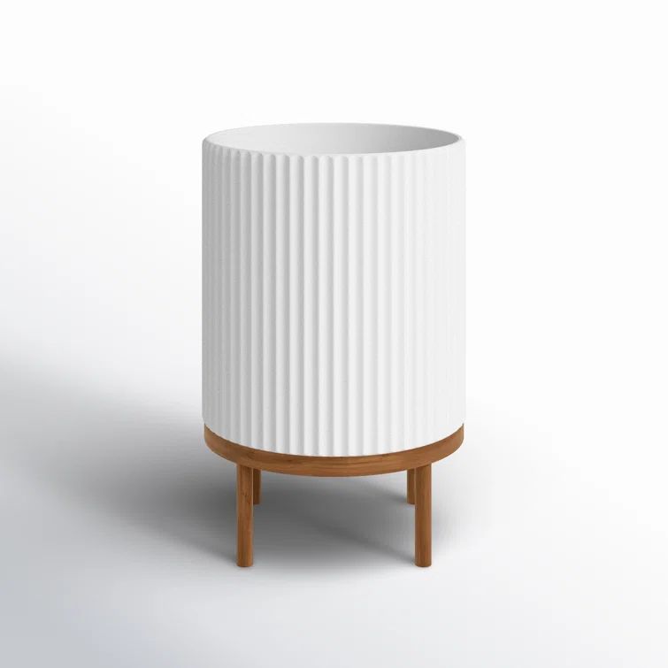 White Fluted Concrete-Composite Planter with Acacia Wood Stand