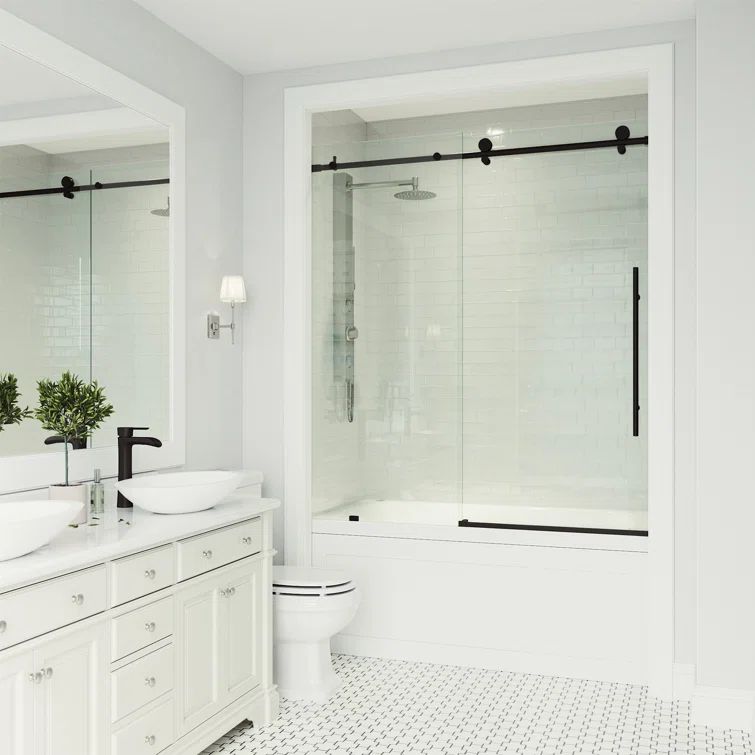 Matte Black Frameless Sliding Tub Door with Clear Glass