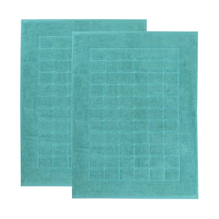 Turquoise Cotton Checkered Absorbent Bath Mat Set, 22" x 35"