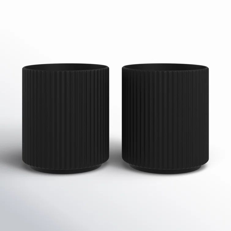 Black Fluted Plastic-Stone Round Planter Set