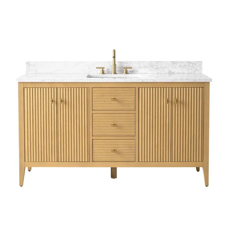 60'' Natural Oak Freestanding Bathroom Vanity with Engineered Marble Top
