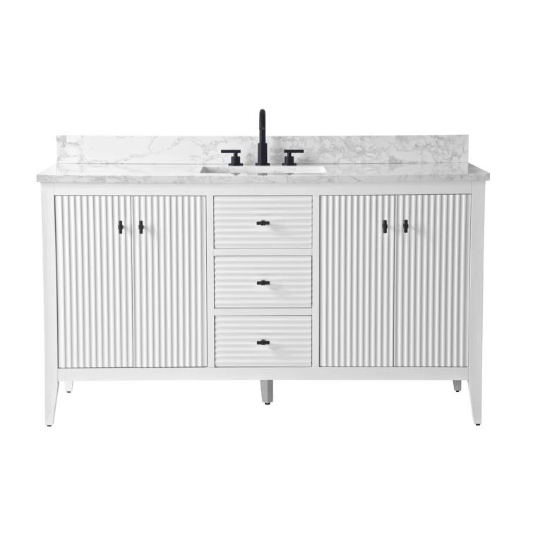 60'' Linear White MDF Bathroom Vanity with Ceramic Sink and Engineered Marble Top