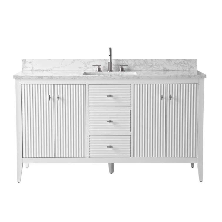 Linear White 60" Freestanding Bathroom Vanity with Engineered Marble Top