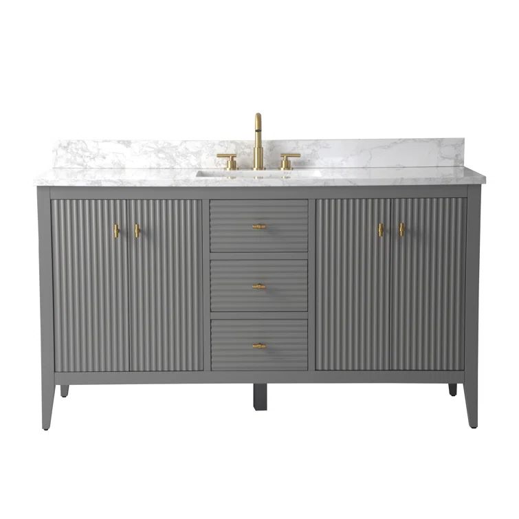 60" Linear Gray Freestanding Bathroom Vanity with Gold Hardware and Marble Top