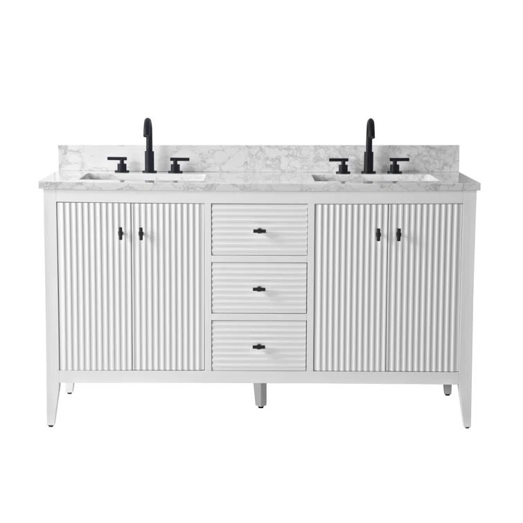 Linear White MDF Double Sink Freestanding Bathroom Vanity with Marble Top