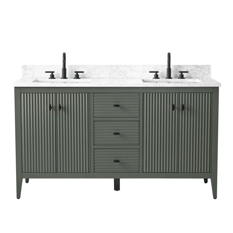 60" Linear Vintage Green MDF Freestanding Double Sink Bathroom Vanity