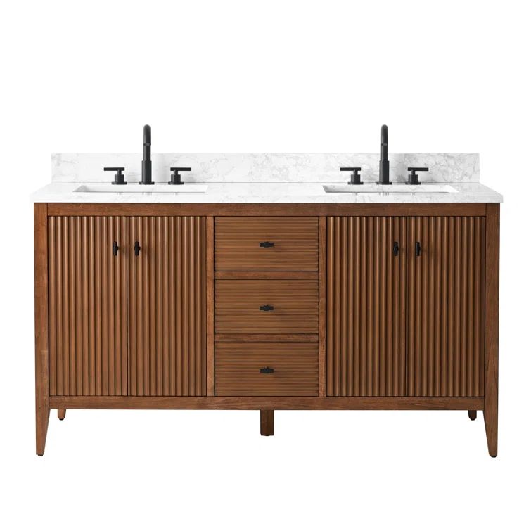 Linear Walnut 60" Freestanding Double Sink Bathroom Vanity with White Marble Top