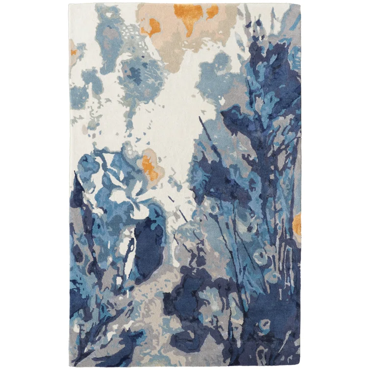 Cerelia Blue and Beige Floral Wool Viscose Rug, 2' x 3'