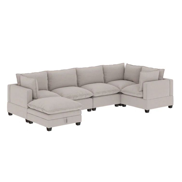 Beige Linen Modular Sectional Sofa with Ottoman and Removable Cushions