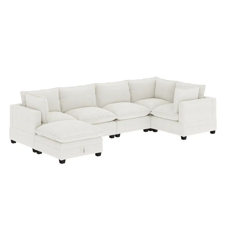 Pearl White Linen Modular Sectional Sofa with Ottoman
