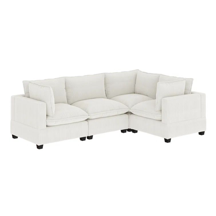 Pearl White Linen Fabric Sectional Sofa with Ottoman