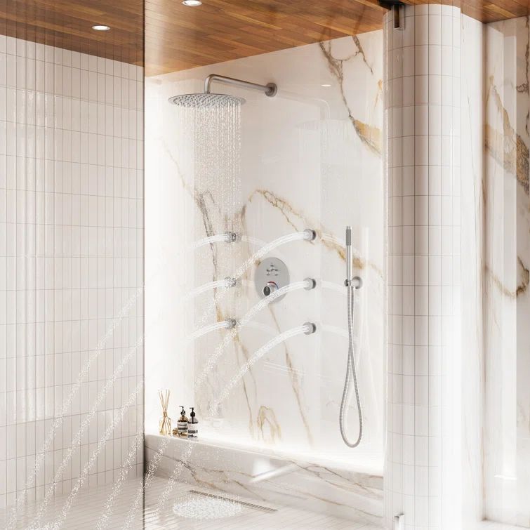 Brushed Nickel Dual Shower System with Rainfall and Body Jets