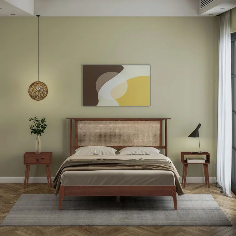 Queen Dark Walnut Wood Bed Frame with Rattan Headboard