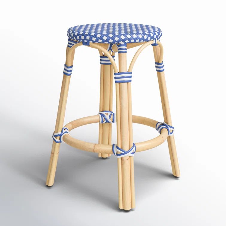 Blue and White Rattan Backless Counter Stool