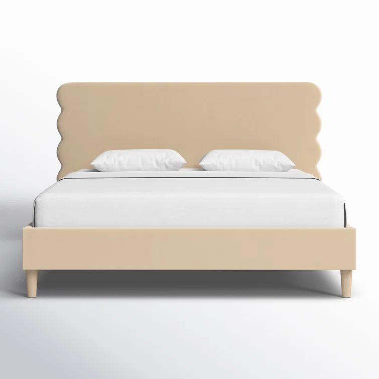 King Fawn Brown Velvet Upholstered Platform Bed with Wavy Headboard