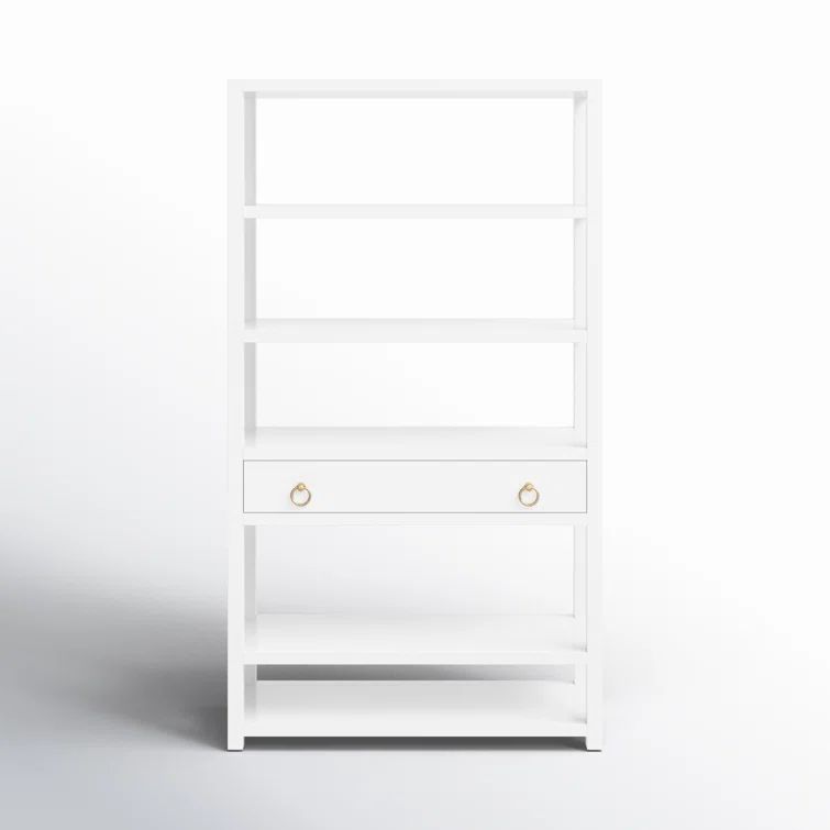 Elevated Elegance White Acacia Wood Etagere Bookcase with Gold Hardware