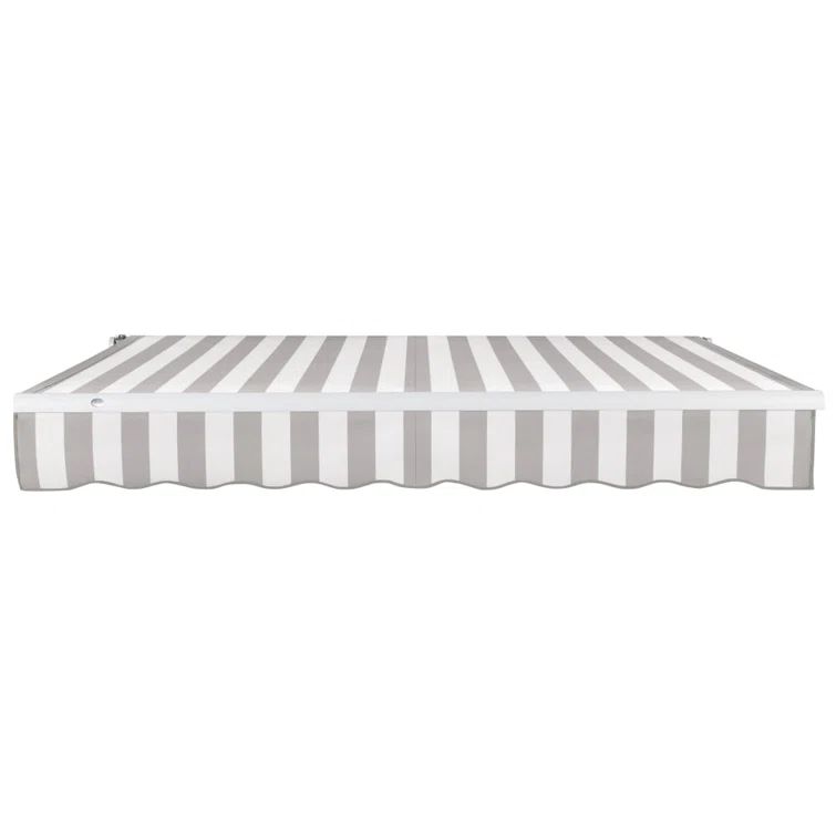 Gray and White Striped Motorized Retractable Awning with Aluminum Frame