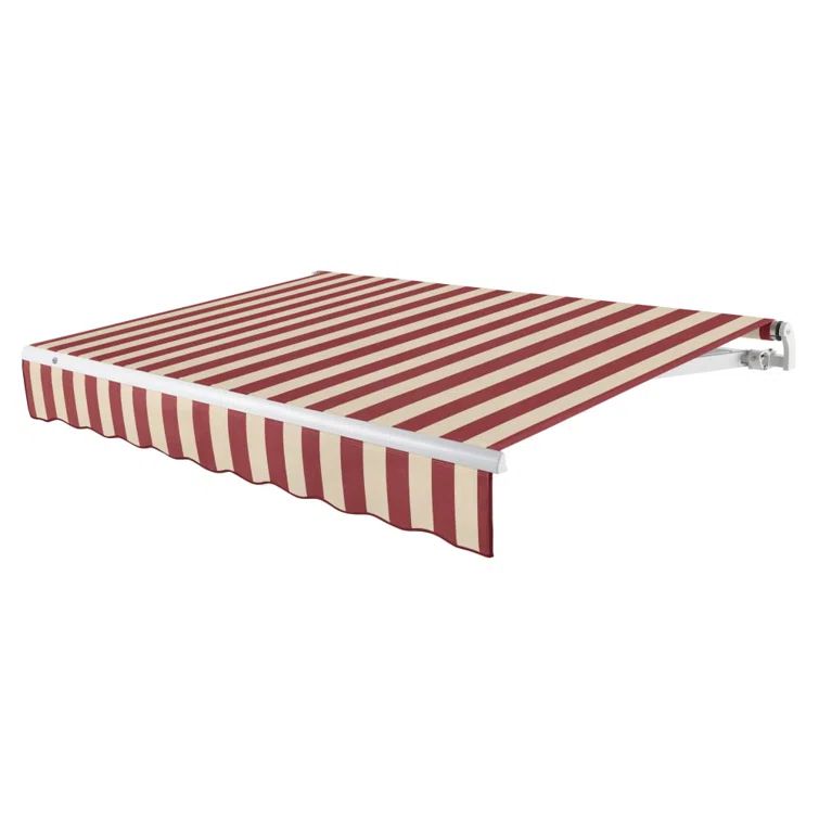 Burgundy and Tan Motorized Retractable Patio Awning with Aluminum Frame
