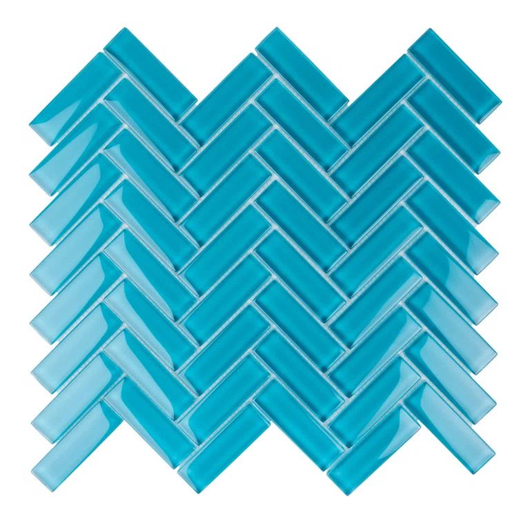 Sea Blue Herringbone Polished Glass Mosaic Tile 11" x 12.6"