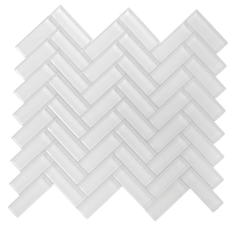 Ice White Herringbone Polished Glass Mosaic Tile 11" x 12.6"
