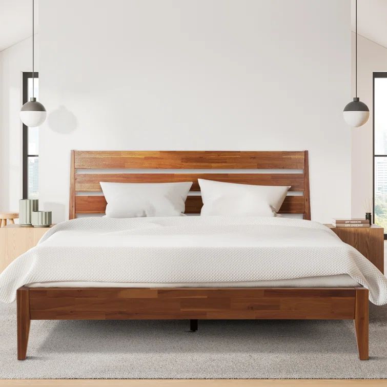 Walnut Queen Solid Wood Platform Bed with Headboard