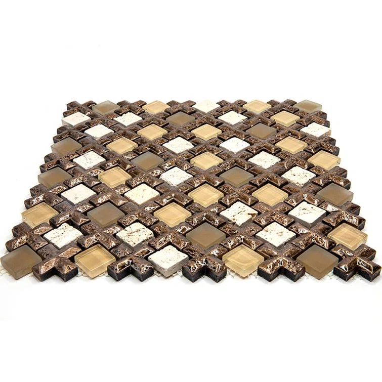 11" x 11" Beige and Brown Glass Resin Stone Mosaic Wall Tile