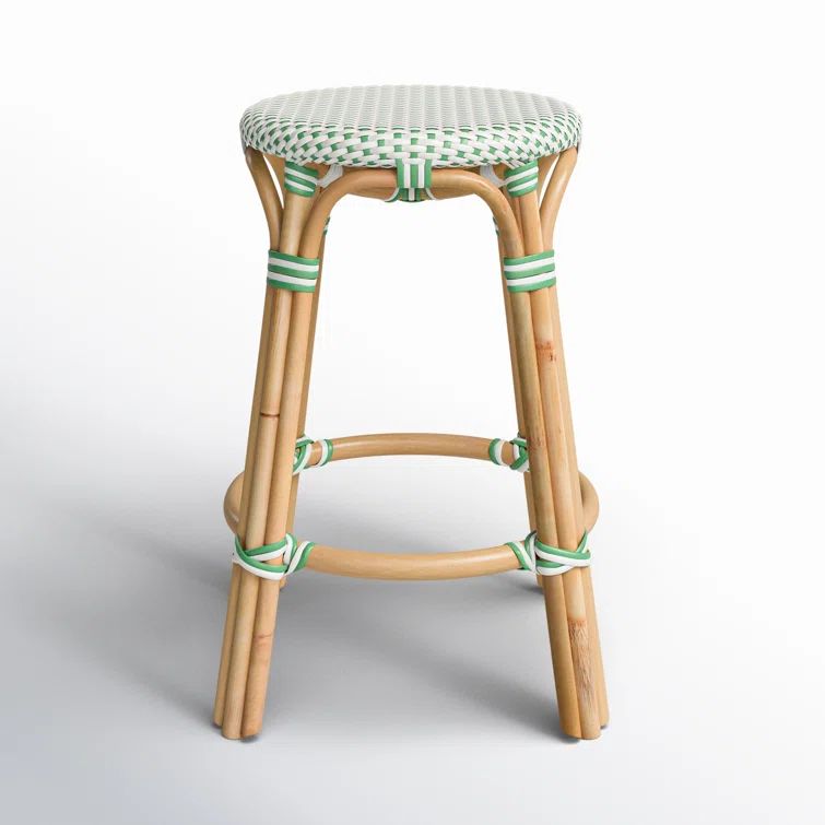White and Green Dot Rattan Backless Counter Stool