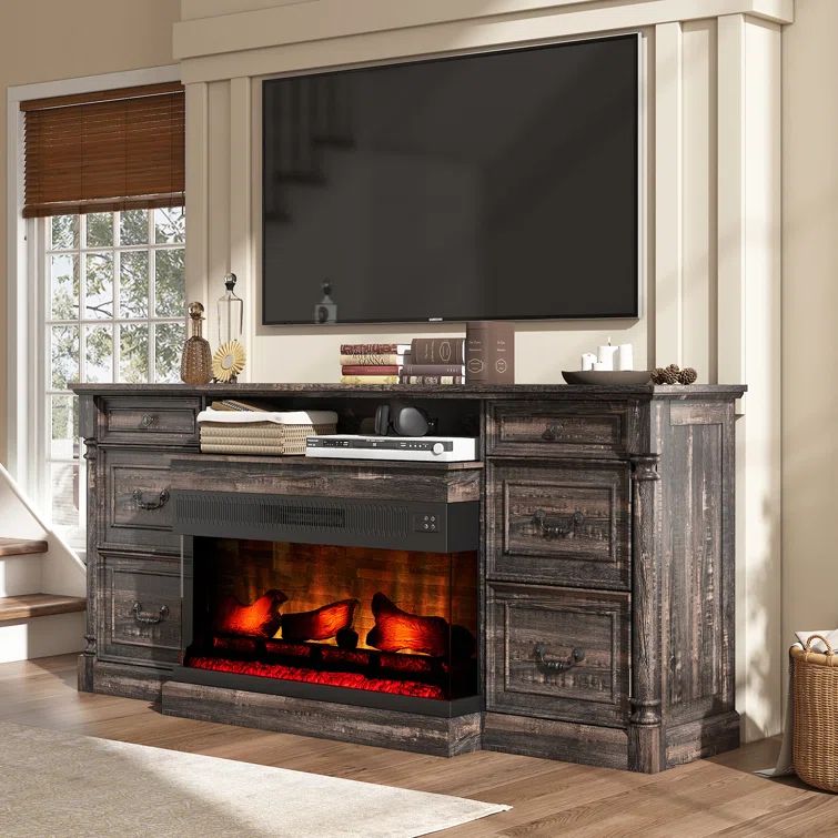 Espresso Wood 75" Farmhouse TV Stand with 36" Glass Fireplace