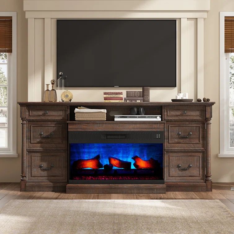 Brown Distressed Grain 75" MDF TV Stand with Electric Fireplace