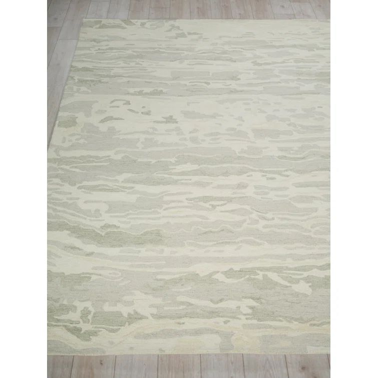 Ivory and Sage Wool Handmade Abstract Rectangular Rug