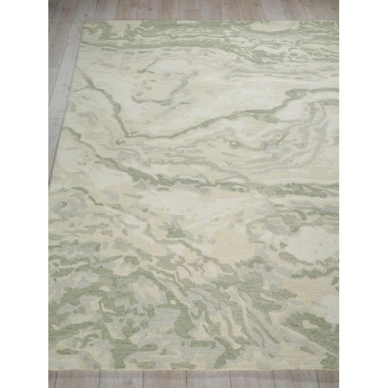 Ivory and Green Abstract Handmade Wool Tufted Rug, 10' x 14'