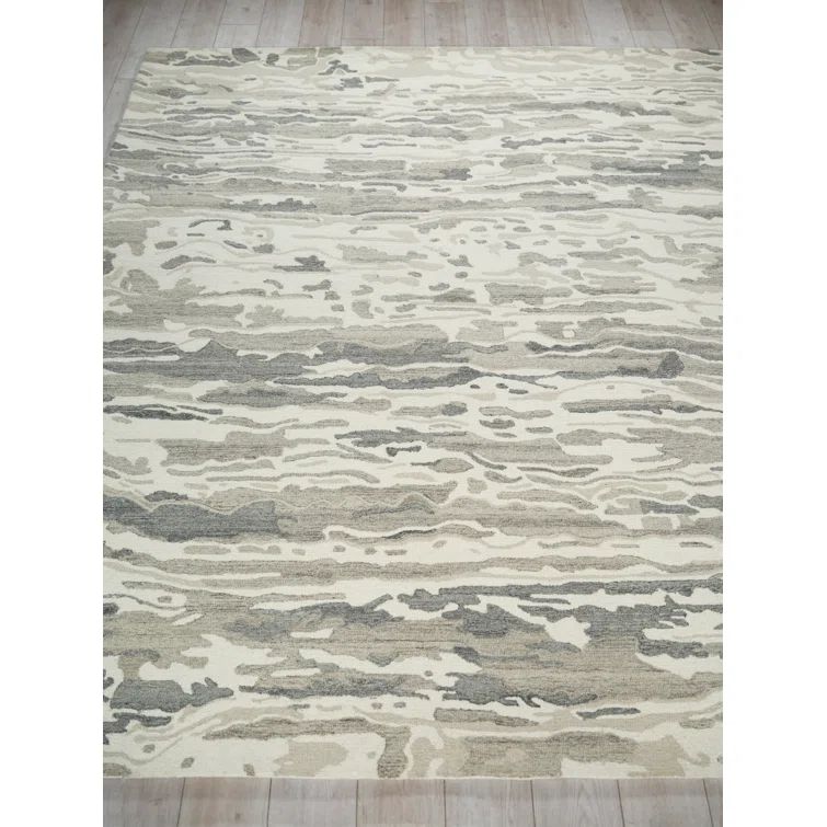Ivory and Gray Handmade Wool Abstract Tufted Rug, 12' x 15'