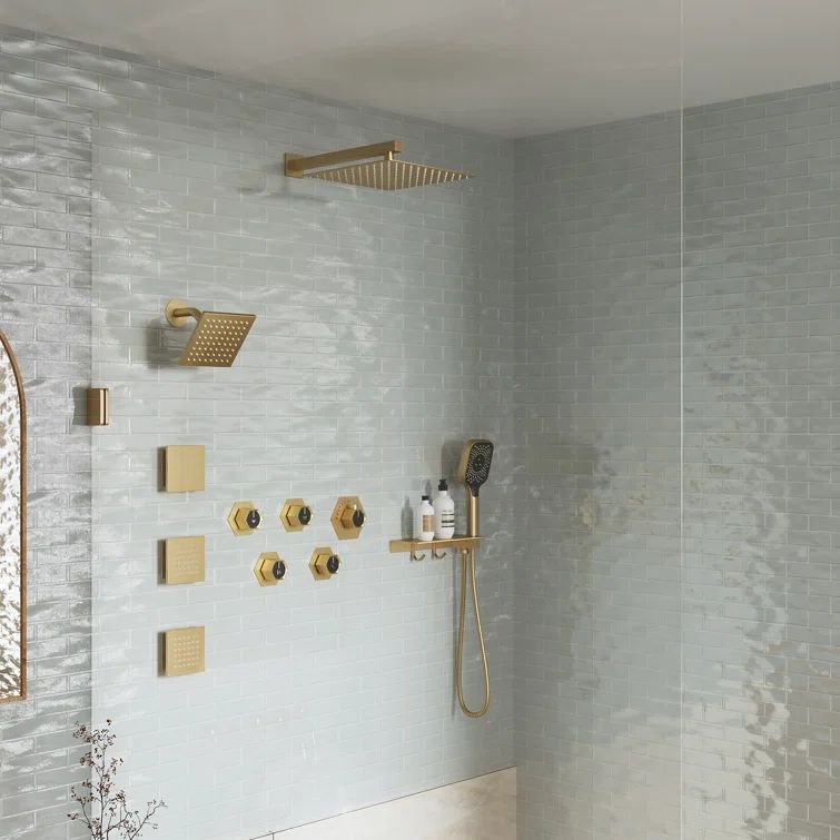 Brushed Gold Large Dual Square Shower Head System with Body Jets