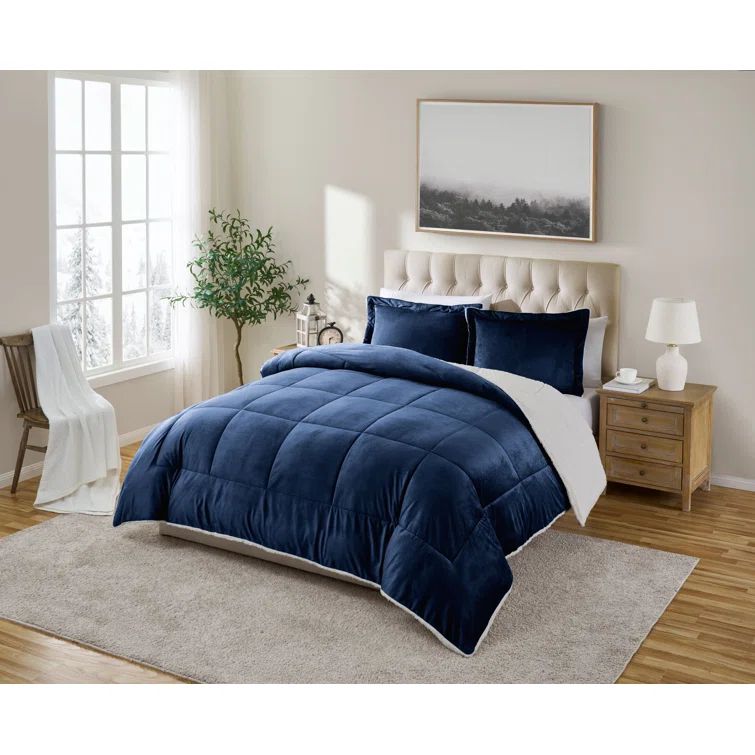 Navy Full Reversible Microfiber and Sherpa Comforter Set