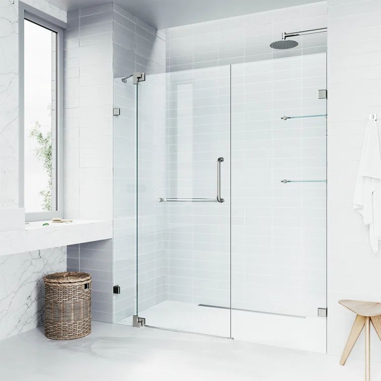 Pirouette Frameless Clear Glass Shower Door with Brushed Nickel Hardware