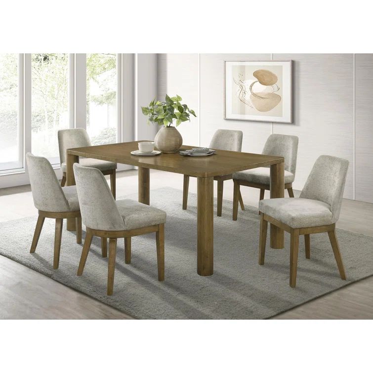 Castlewood 71-Inch Brown Oak Dining Set with Light Tan Upholstered Chairs