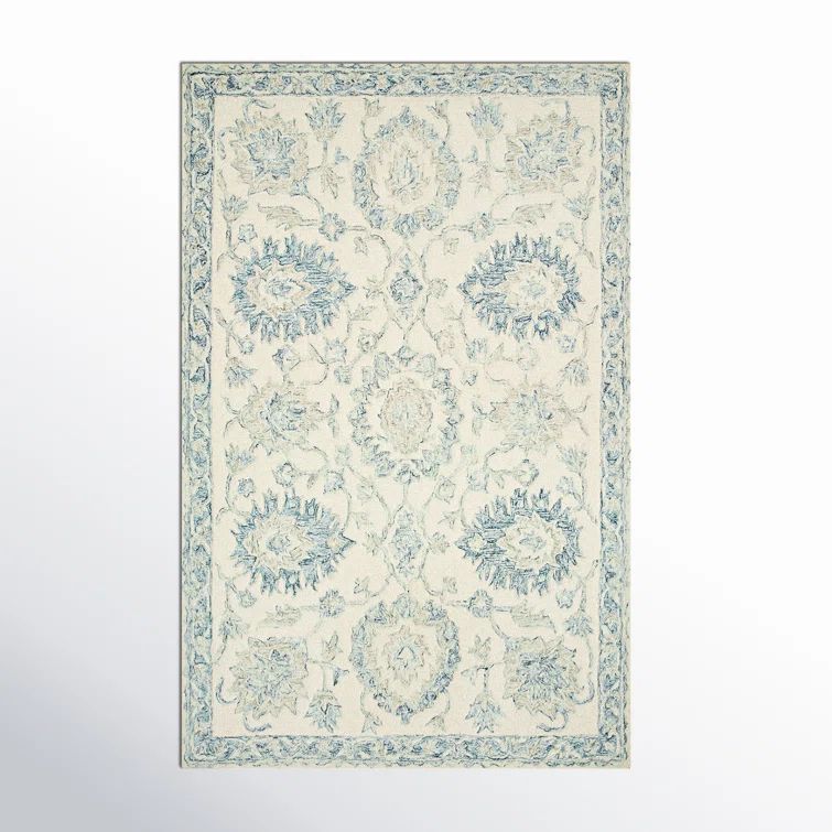 Handmade Blue and Ivory Wool Rectangular Rug
