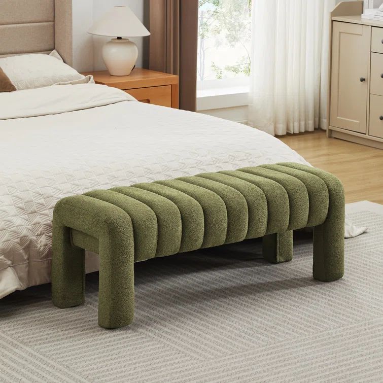 Green Boucle Channel Tufted Upholstered Bedroom Bench with Solid Wood Legs