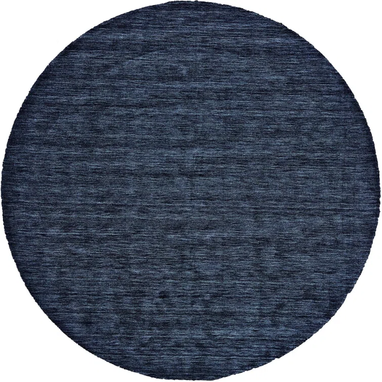 Handwoven Round Blue Wool Rug with Cotton Backing