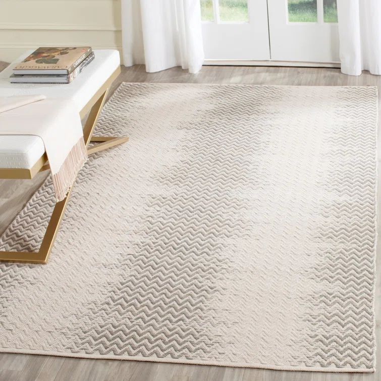Handmade Dark Green and Ivory Chevron Wool Cotton Rug, 8' x 10'
