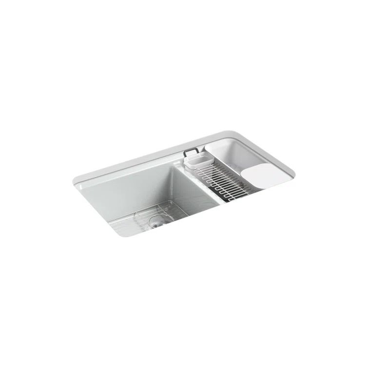 Ice Grey Cast Iron Double-Bowl Kitchen Sink with Accessories
