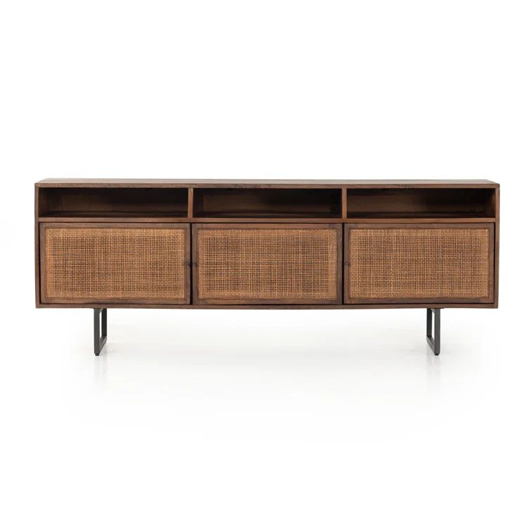 Elegant Brown Wash Cane Media Console with Iron Frame, 65"