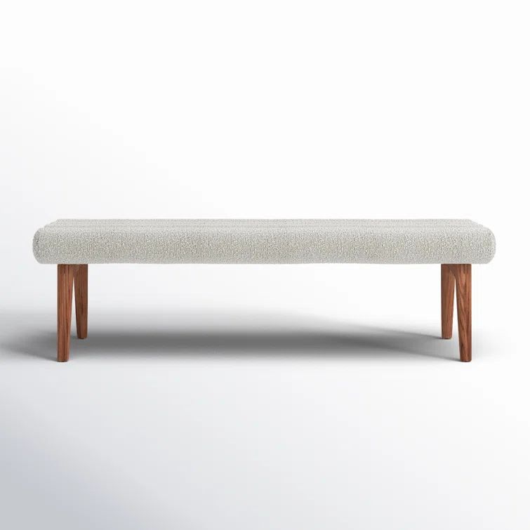 Ash Wood Straight Leg Bench with White Boucle Upholstery