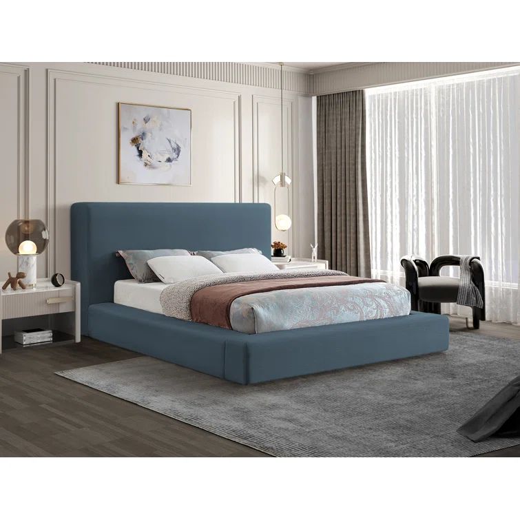 Beige Linen Upholstered King Platform Bed with Headboard