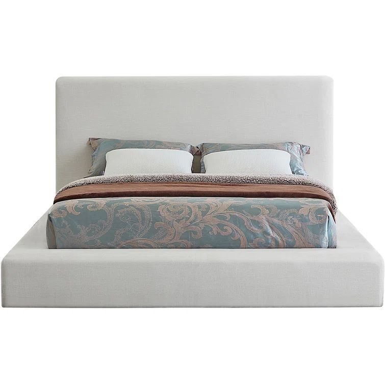 Cream Linen Upholstered King Platform Bed with Headboard