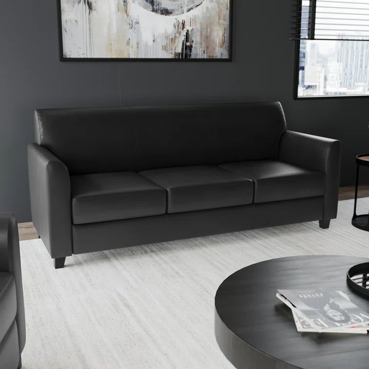 Contemporary Black LeatherSoft 3-Seat Sofa with Flared Arms and Wood Feet