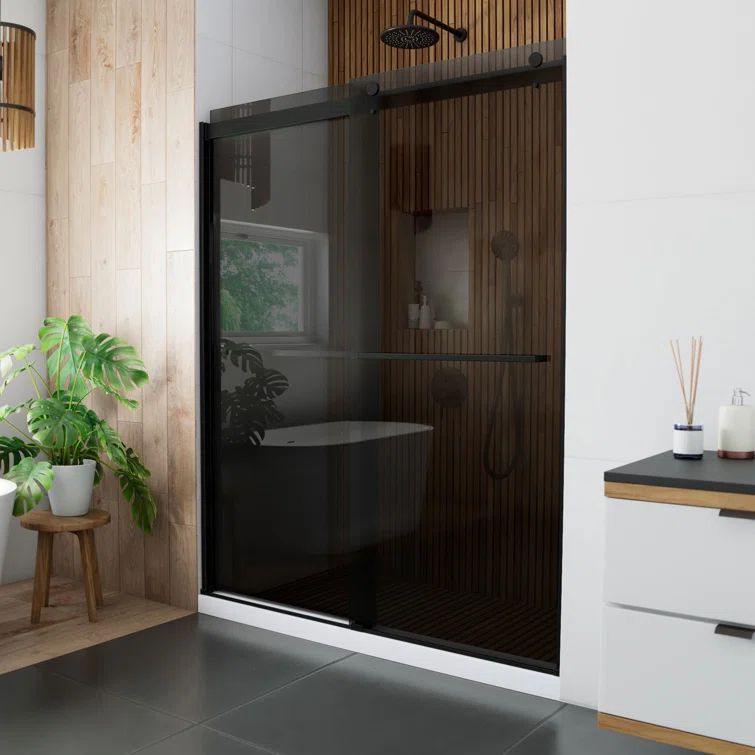 Sapphire Matte Black Semi-Frameless Sliding Shower Door with Smoke Gray Glass