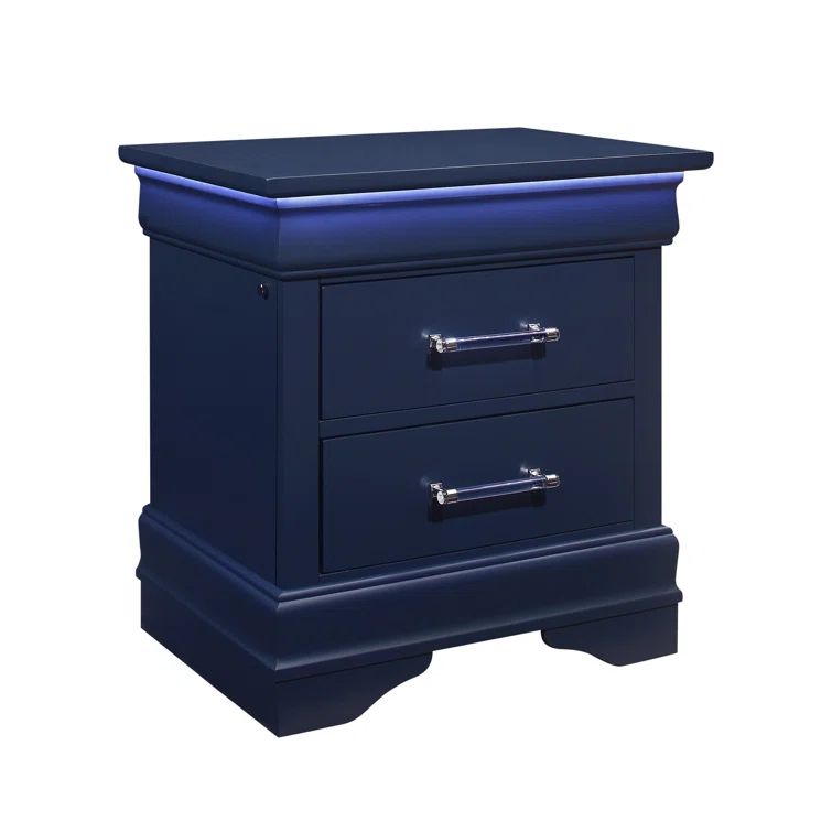 Blue Solid Wood 2-Drawer Nightstand with LED Lighting